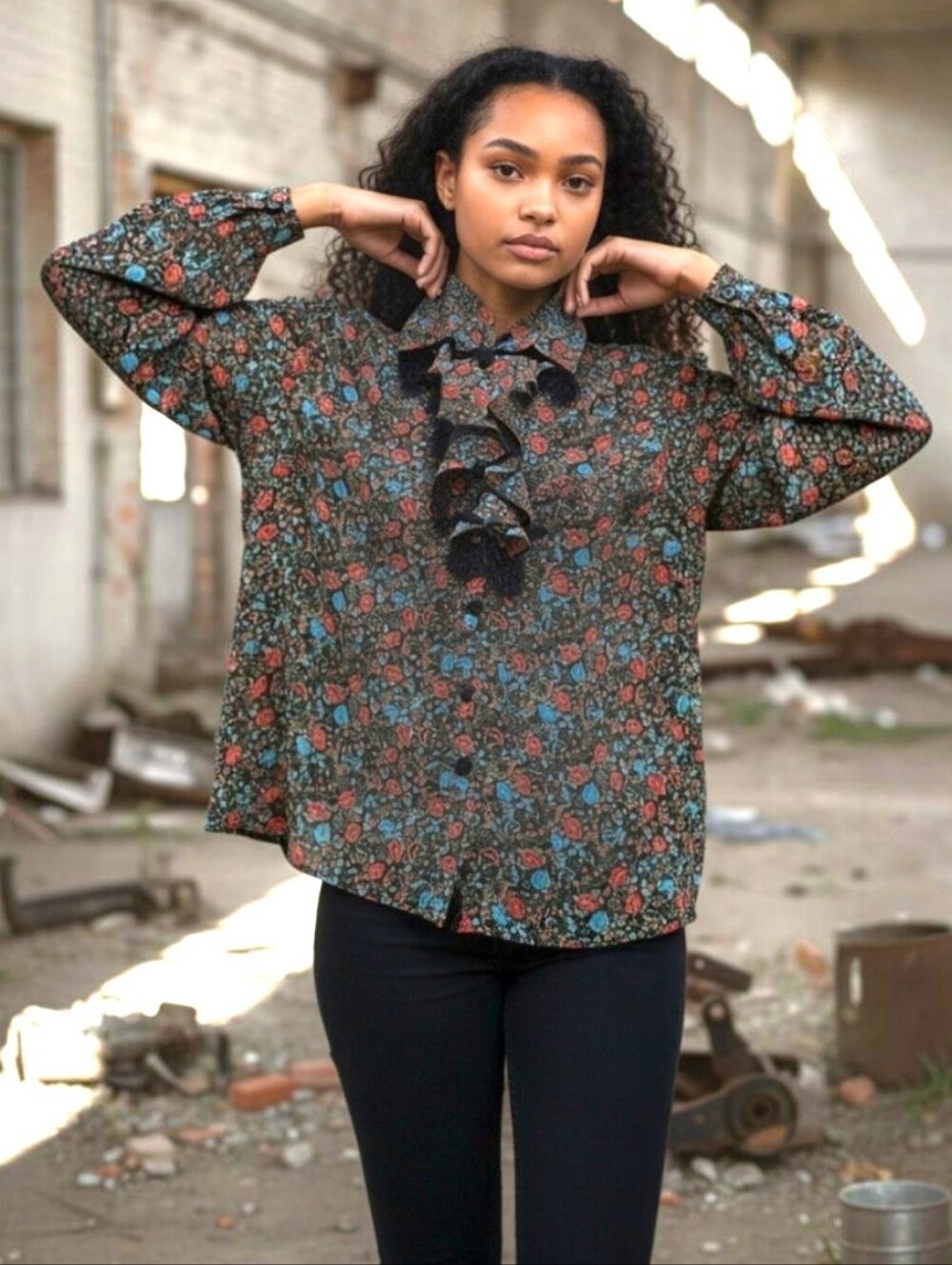 FREE PEOPLE MultiFloral Poet Blouse Ruffled Neck Button Down Bishop Sleeve Sz XS